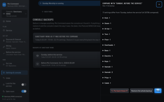 A Compare dialog listing what differs from the backup named Sunday, before the service, channel by channel, with Put back these and Restore the whole backup buttons. (Dark room version)