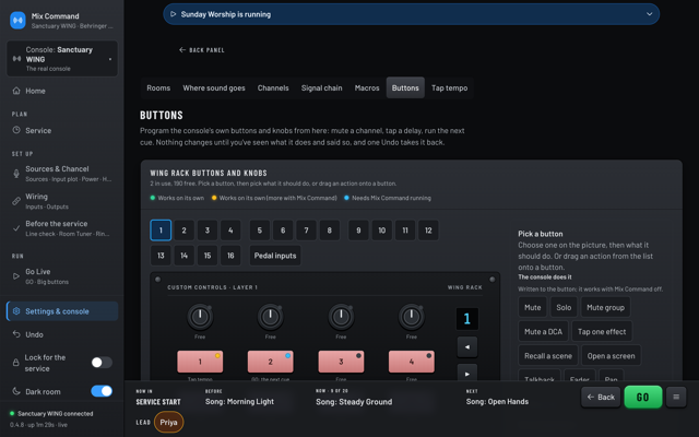 The WING Rack's user buttons drawn on screen, with tap tempo on button 1. (Dark room version)