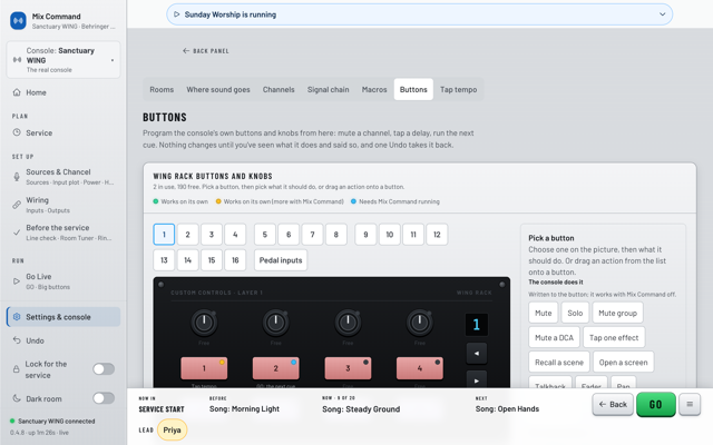 The WING Rack's user buttons drawn on screen, with tap tempo on button 1. (light version)