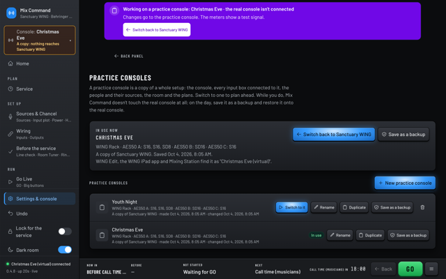 The practice consoles page with Christmas Eve in use: a purple banner says the real console isn't connected, and a Youth Night copy is ready to switch to. (Dark room version)