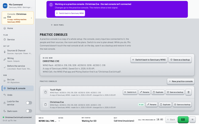 The practice consoles page with Christmas Eve in use: a purple banner says the real console isn't connected, and a Youth Night copy is ready to switch to.