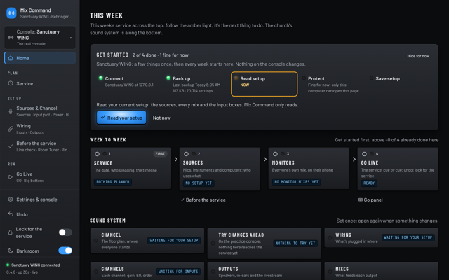 Mix Command's Home page on first launch: Connect and Back up are done with green lights, and Read setup glows amber as the next step. (Dark room version)