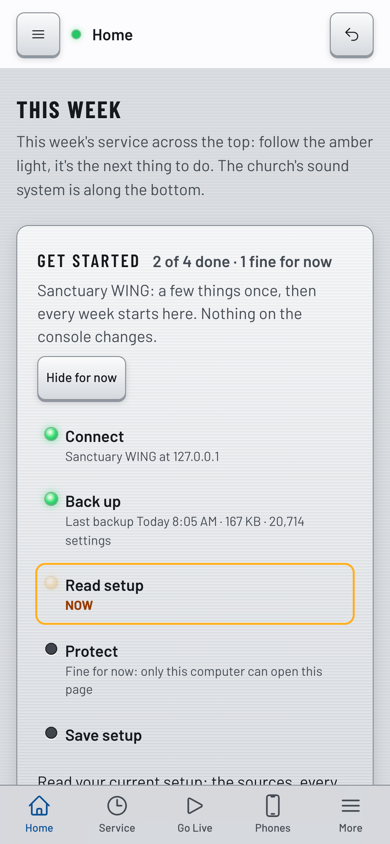 Mix Command's Home on a phone during first run: Connect and Back up done, Read setup next.