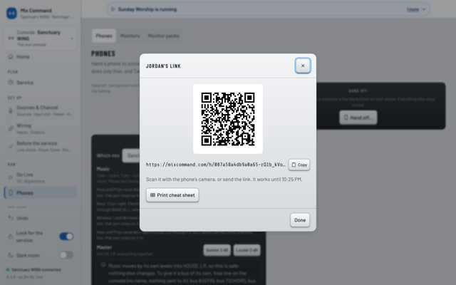 A dialog titled Jordan's link with a large QR code, the link to copy, a note that it works until 10:30 PM, and a Print cheat sheet button.