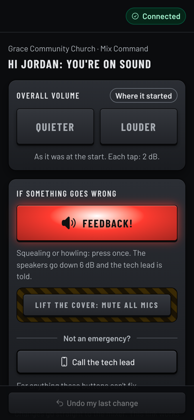 A phone showing Jordan's page, Hi Jordan: you're on sound, with Quieter and Louder buttons, a red Feedback button, a covered Mute all mics button and Call the tech lead. (Dark room version)