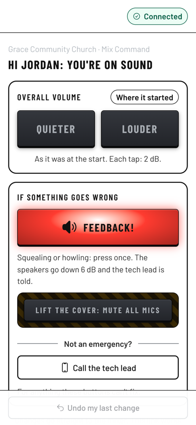 A phone showing Jordan's page, Hi Jordan: you're on sound, with Quieter and Louder buttons, a red Feedback button, a covered Mute all mics button and Call the tech lead.
