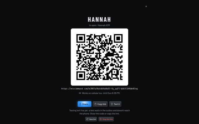 Hannah's in-ear mix shared by QR code. (Dark room version)