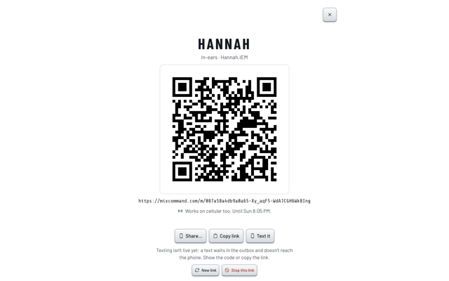 Hannah's in-ear mix shared by QR code. (light version)