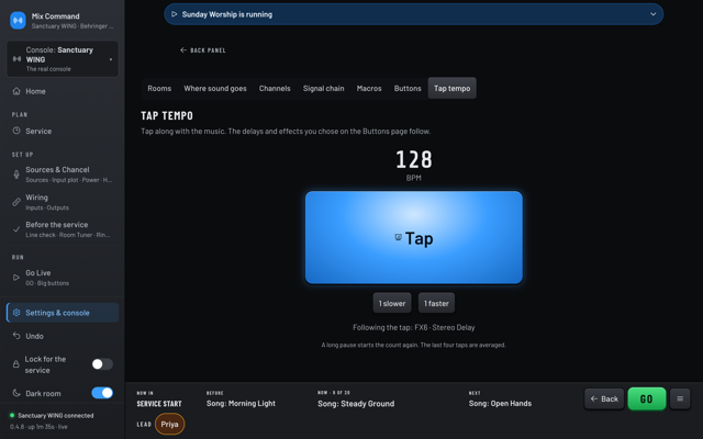 Tap tempo at 128 BPM with a big Tap button. (Dark room version)