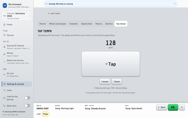 Tap tempo at 128 BPM with a big Tap button. (light version)