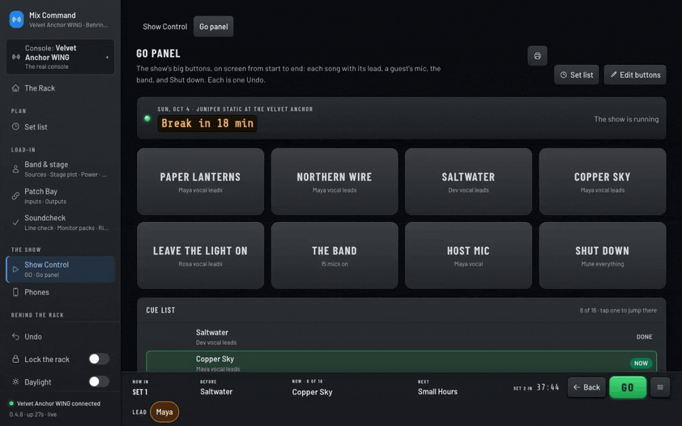 The Go panel while it runs, recorded in the dark rack look. GO is pressed twice: a note confirms the next cue with one undo, while Now and Next update in the bar along the bottom.