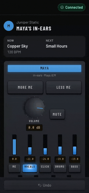An in-ear mix on a phone, recorded in the dark rack look. More me is tapped three times: the other sliders step down 3 dB each time and an Undo bar appears.