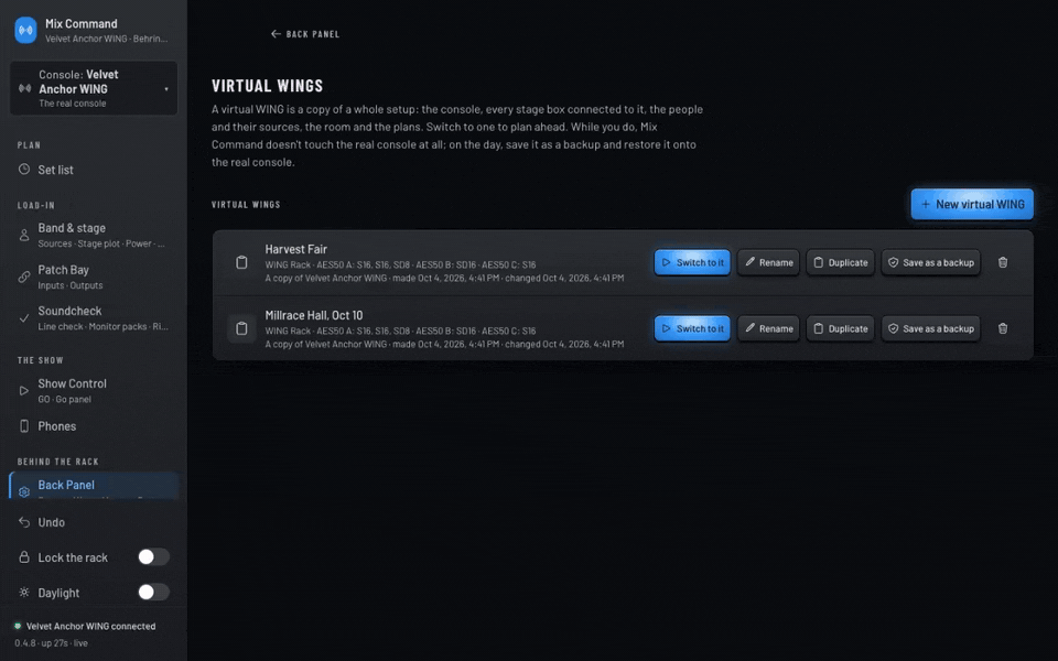 A new practice console is made from this one and named Saturday, Oct 17, then switched to. A purple banner confirms the real console isn't connected.
