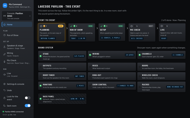 The Special Event Home page for Lakeside Pavilion: the event's steps across the top and the sound system below. (Dark room version)