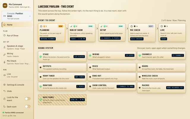The Special Event Home page for Lakeside Pavilion: the event's steps across the top and the sound system below.