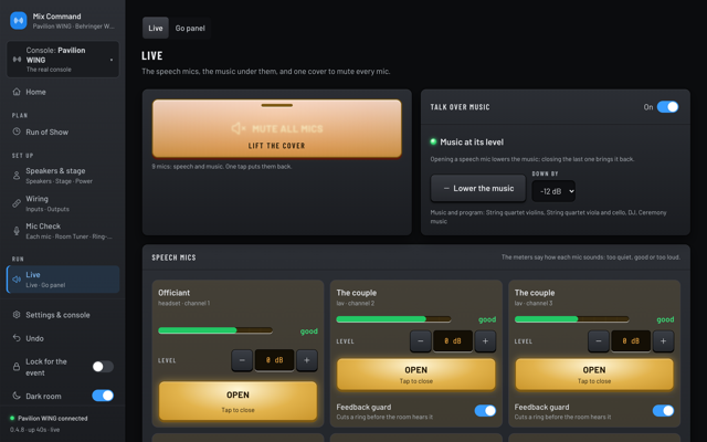 The Live page: a covered Mute all mics button, Talk over music on with the music 12 dB down, and the readers' lectern mic open with a feedback guard. (Dark room version)