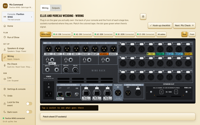 The wiring page: the WING Rack's rear panel with colored tapes and tabs for each stage box. (light version)