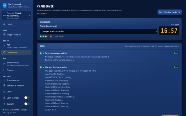 The Changeover page with a countdown and five steps to the next act, two done. (dark version)