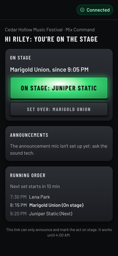 A phone showing Riley's stage page: Marigold Union on stage since 9:05 PM, a big On stage: Juniper Static button, Set over, and the running order. (dark version)
