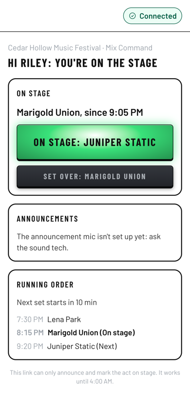 A phone showing Riley's stage page: Marigold Union on stage since 9:05 PM, a big On stage: Juniper Static button, Set over, and the running order. (Daylight version)