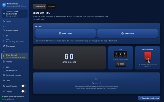 Show Control with Hold to talk and Announce buttons, a big GO, the undo counter and the lock lever. (dark version)