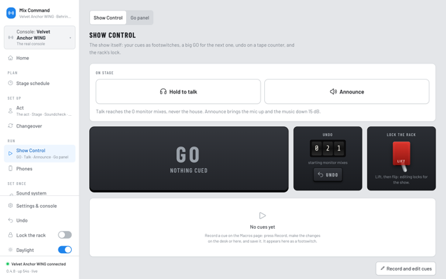 Show Control with Hold to talk and Announce buttons, a big GO, the undo counter and the lock lever. (Daylight version)