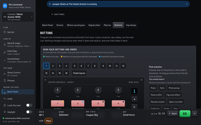 The WING Rack's user buttons with tap tempo and GO assigned. (dark version)