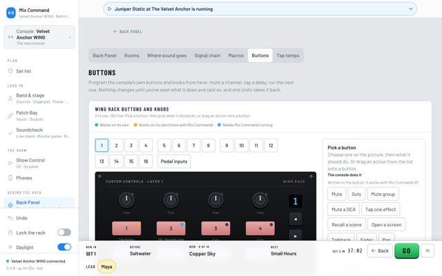 The WING Rack's user buttons with tap tempo and GO assigned. (Daylight version)