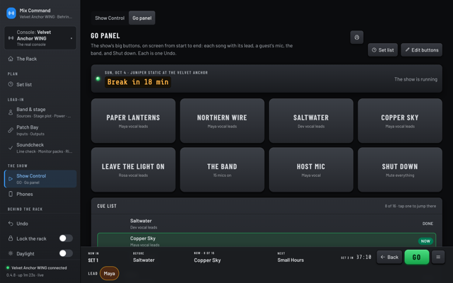 The Go panel: big buttons for five songs, the band, a host mic and Shut down, with the cue list and the GO bar showing Copper Sky now and Small Hours next. (dark version)