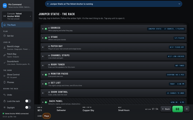 The Rack during the first set: units from Sources to Show Control, each with a status readout, and the GO bar along the bottom showing Copper Sky now and Small Hours next. (dark version)