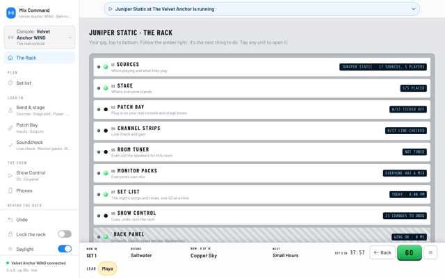 The Rack during the first set: units from Sources to Show Control, each with a status readout, and the GO bar along the bottom showing Copper Sky now and Small Hours next. (Daylight version)
