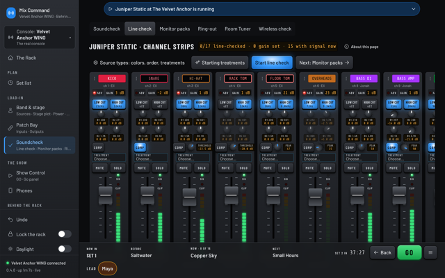 Channel strips for Kick, Snare, Hi-hat, toms, overheads and bass with live meters, gain, EQ and compressor settings. (dark version)