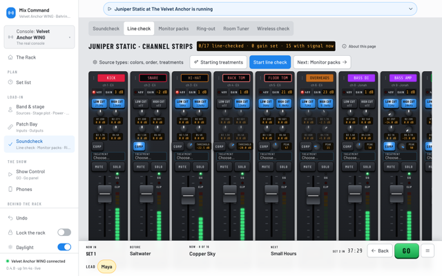 Channel strips for Kick, Snare, Hi-hat, toms, overheads and bass with live meters, gain, EQ and compressor settings. (Daylight version)