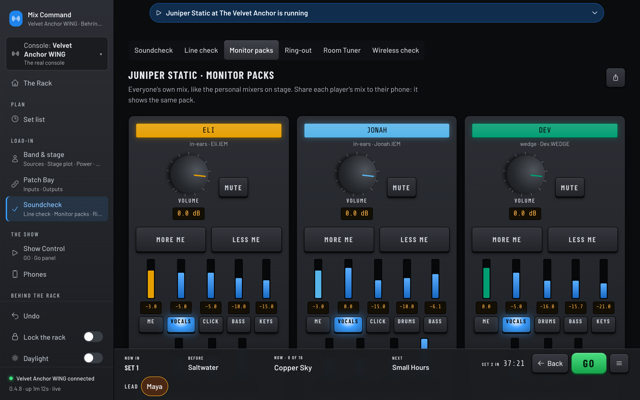 Monitor packs for Eli, Jonah and Dev, each with a volume knob, mute, More me and Less me, and sliders for what they hear.