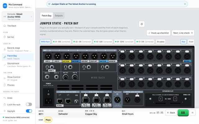 The Patch Bay: a drawing of the WING Rack's rear panel with colored tapes on the sockets in use, and tabs for each stage box. (Daylight version)