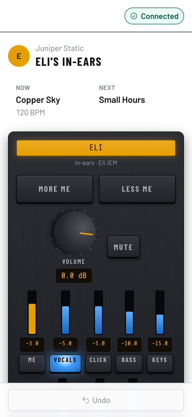 Eli's in-ear mix on a phone in daylight.