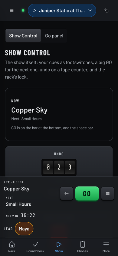 Show Control on a phone, with the GO bar showing Copper Sky now and Small Hours next.