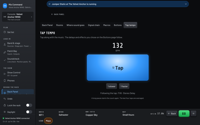 The Tap tempo page showing 132 BPM, a big Tap button, and the delay effect it sets. (dark version)