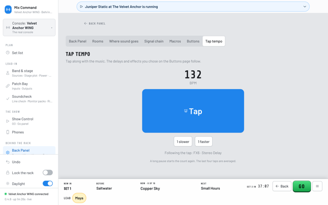 The Tap tempo page showing 132 BPM, a big Tap button, and the delay effect it sets. (Daylight version)