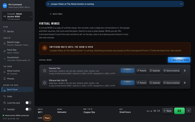 The Virtual WINGs page with copies for Harvest Fair and Millrace Hall, Oct 10, each with Switch to it, Duplicate and Save as a backup, and a note that switching waits until the show is over. (dark version)