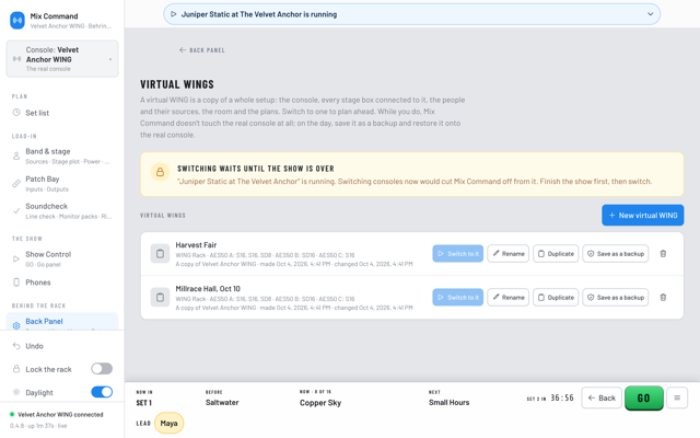 The Virtual WINGs page with copies for Harvest Fair and Millrace Hall, Oct 10, each with Switch to it, Duplicate and Save as a backup, and a note that switching waits until the show is over. (Daylight version)