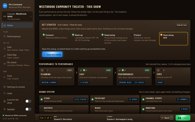 The Theater Home page for Westbrook Community Theater with the performance steps across the top. (dark version)