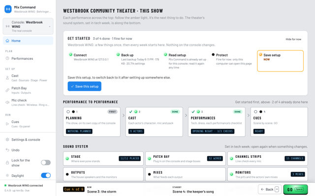 The Theater Home page for Westbrook Community Theater with the performance steps across the top. (Daylight version)