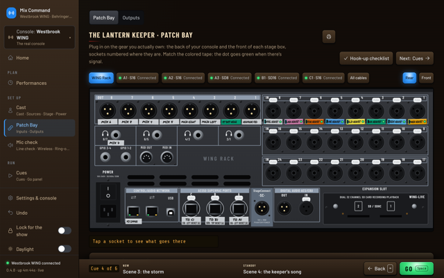 The Patch Bay: the WING Rack's rear panel with colored tapes and tabs for each stage box. (dark version)