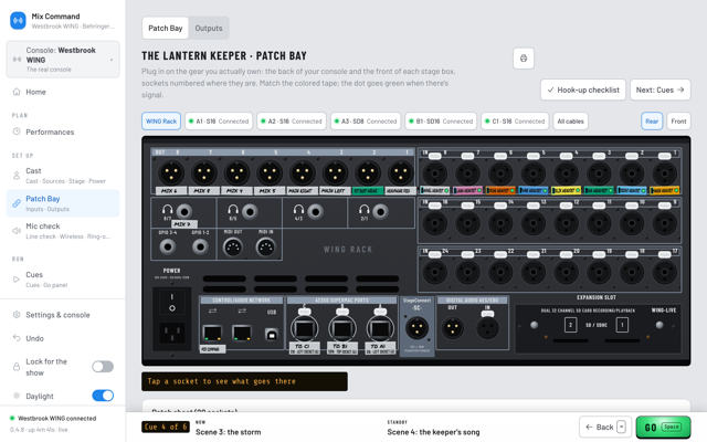 The Patch Bay: the WING Rack's rear panel with colored tapes and tabs for each stage box. (Daylight version)