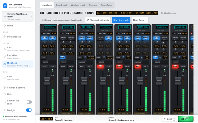 Channel strips for each actor's headset with live meters. (Daylight version)
