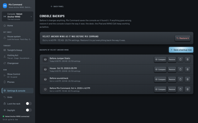 Console backups: one before Juniper Static, the house setup, and one before soundcheck. (dark version)