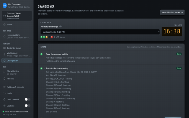 The Changeover page with an 18-minute countdown and five steps to Juniper Static, the first two done. (dark version)