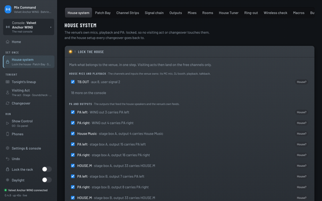 The House system page: Lock the house, with the talkback mic and the PA and outputs ticked as the venue's own.