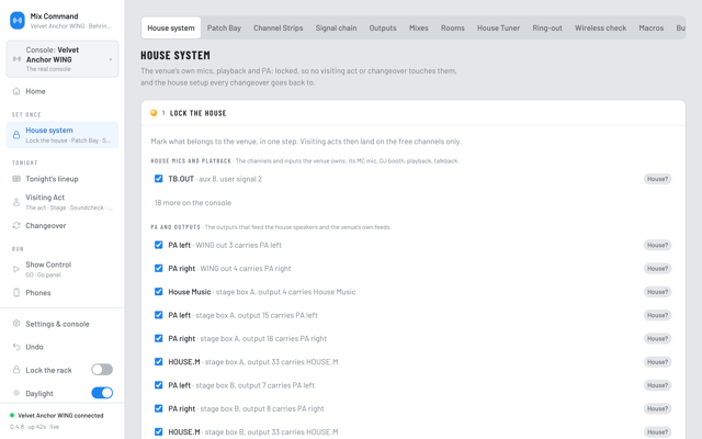 The House system page: Lock the house, with the talkback mic and the PA and outputs ticked as the venue's own. (Daylight version)